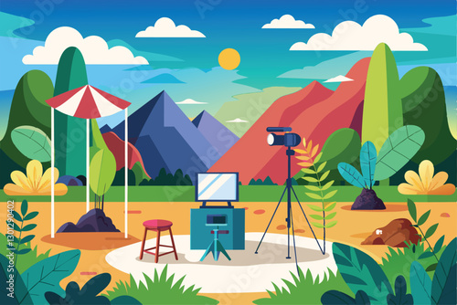 A customizable outdoor setup features a camera, monitor, and equipment amidst stunning natural scenery, Outdoor photoshoot Customizable Disproportionate Illustration