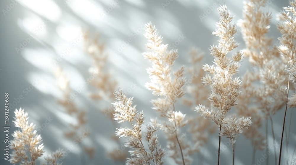 Blurred overlay effect for photo with gray shadows of delicate grass on a white wall, an abstract neutral nature concept background with space for text and shadow for natural light effects.