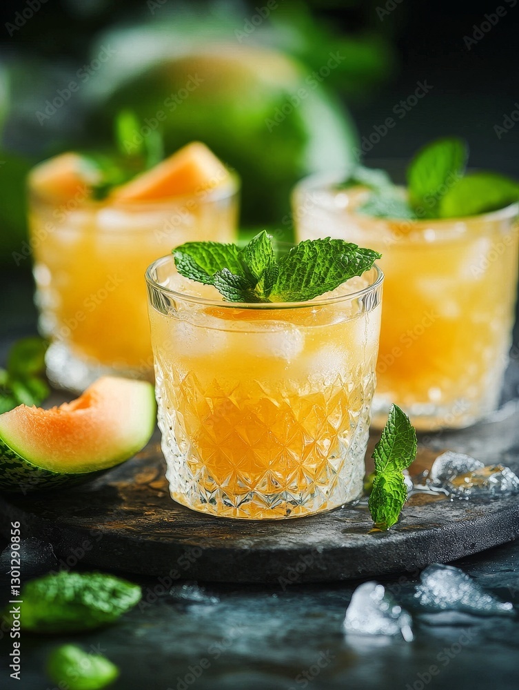 Fototapeta premium Refreshing Melon Mint Juice in Elegant Glasses - Summer refreshment, vibrant melon juice, cool mint garnish, icy texture, stylish glassware. A perfect summer drink symbolizing coolness, freshness