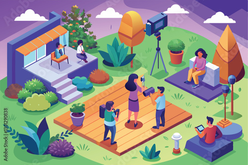 A vibrant outdoor setting features diverse individuals engaged in a lively photoshoot with various equipment, Outdoor photoshoot Customizable Isometric Illustration