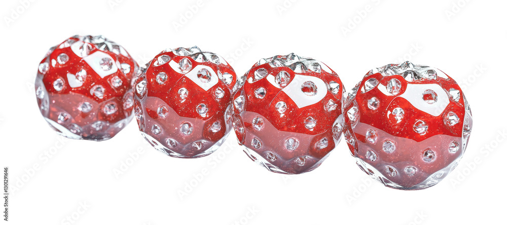 Decorative red glass spheres with diamond-like cut patterns for festive occasions and artistic designs, cut out Decorative red glass spheres with diamond-like cut patterns for festive occasions and artistic designs, cut out