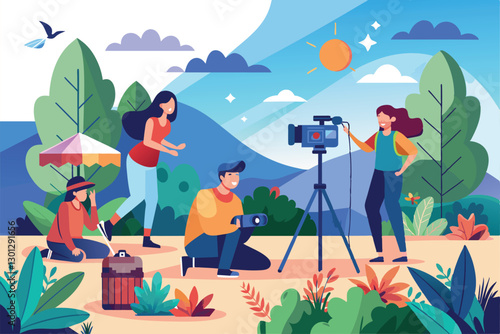 A creative team conducts an outdoor photoshoot in a vibrant landscape under clear skies, Outdoor photoshoot Customizable Semi Flat Illustration
