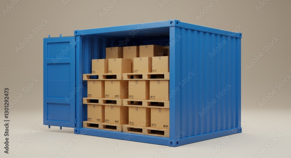 Stacked Cardboard Boxes on Wooden Pallets Inside a Blue Cargo Container Stacked Cardboard Boxes on Wooden Pallets Inside a Blue Cargo Container