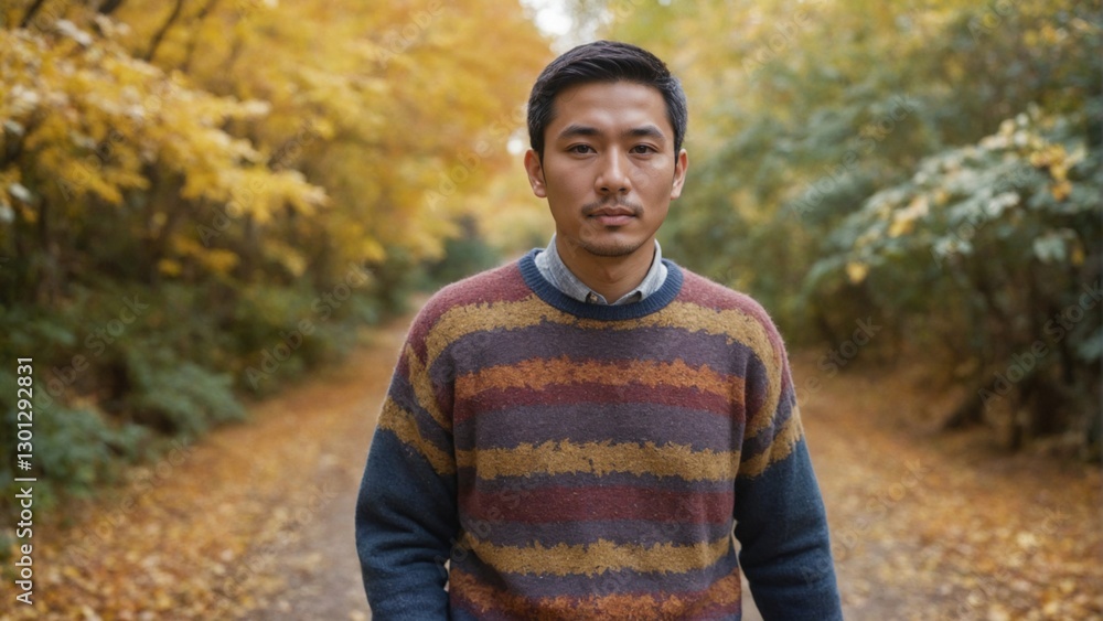 Obraz premium East Asian Man Walking on Autumn Trail with Colorful Leaves and Cozy Sweater, Seasonal Harmony