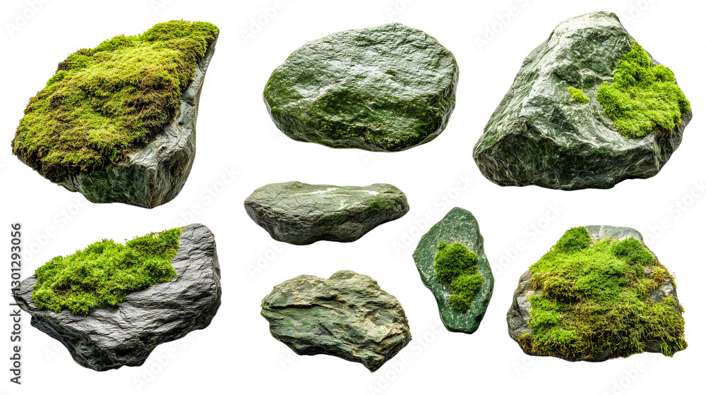 A set of vibrant green moss-covered stones isolated on transparent background A set of vibrant green moss-covered stones isolated on transparent background