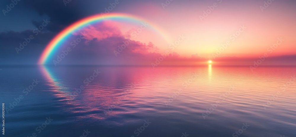 Ocean sunset rainbow reflection; calm water, pink sky Ocean sunset rainbow reflection; calm water, pink sky