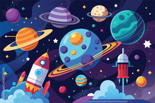 A colorful, customizable outer space illustration displays various planets and a rocket soaring through the cosmos, Outer space Customizable Flat Illustration