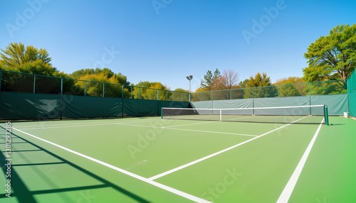 Vibrant green tennis court under sunny sky, bright outdoor scene