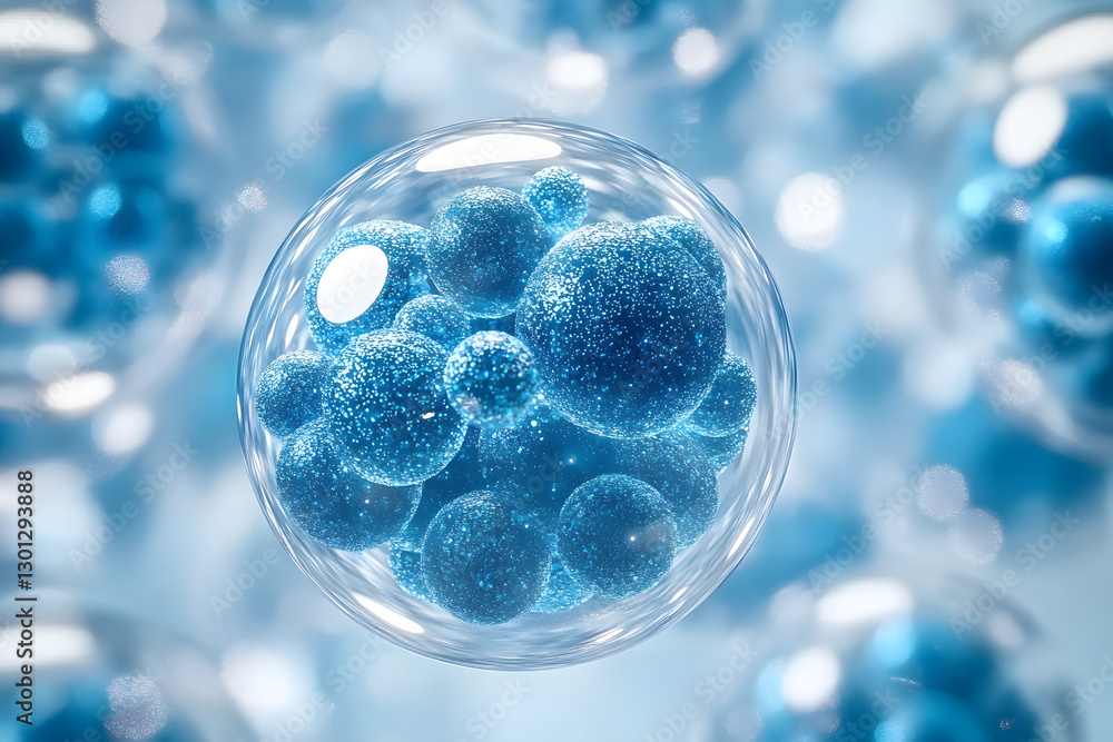 GClose-up of blue exosome particles inside transparent spheres. 3D illustration of exosomes in biotechnology. Scientific visualization related to cosmetology and trichology.enerated image GClose-up of blue exosome particles inside transparent spheres. 3D illustration of exosomes in biotechnology. Scientific visualization related to cosmetology and trichology.enerated image