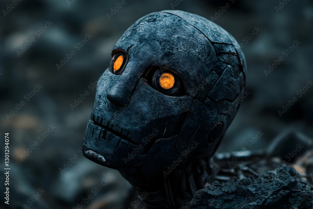 Robot head with glowing eyes representing artificial intelligence and the future of technology amidst a rocky landscape Robot head with glowing eyes representing artificial intelligence and the future of technology amidst a rocky landscape
