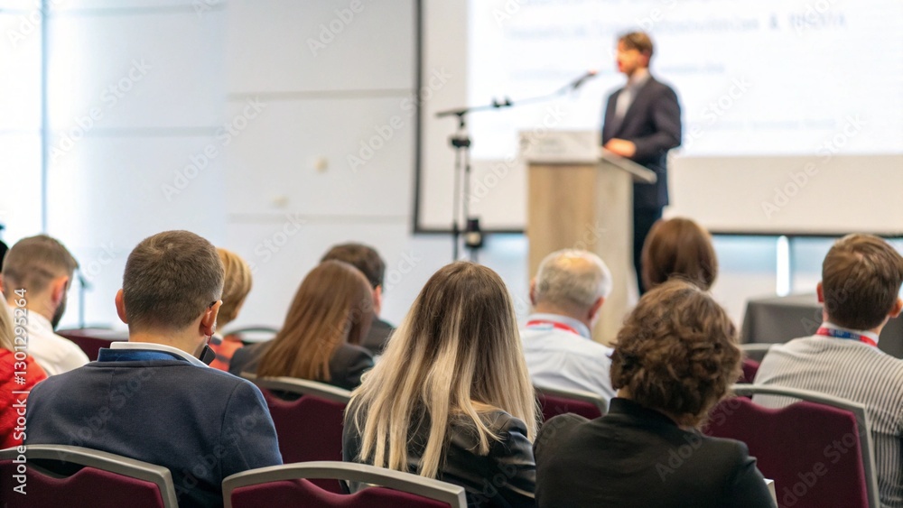 Rear view of people in audience at the conference hall, Speaker giving a talk in conference hall at business event. Rear view of people in audience at the conference hall, Speaker giving a talk in conference hall at business event.