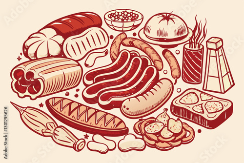 A collection of illustrated sausages, meats, and complementary side dishes artistically arranged for display, Outline retro sketch with sausage and sausages, bacon and steak, pork and beef,