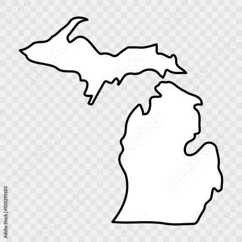 Michigan state silhouette, line style. America illustration, American vector outline isolated on background. Michigan Map Black, State Border | United States | US America | Transparent Isolated 