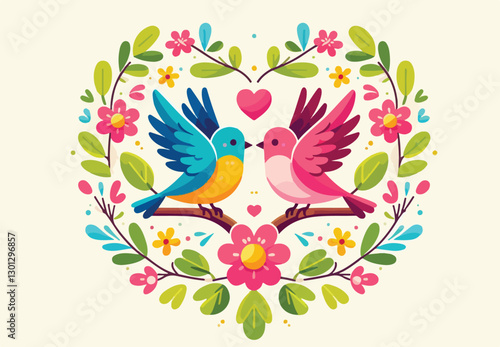 Two lovebirds in a heart-shaped floral frame  

