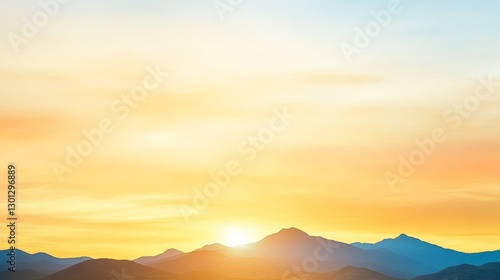Serene Sunset Over Majestic Mountains - Peaceful sunset landscape, symbolizing tranquility, hope, adventure, serenity, and renewal. Golden hour light bathes the mountain range