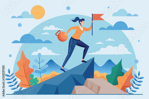 A woman triumphantly ascends a rocky peak, holding a flag and celebrating her achievement against a vibrant backdrop, Overcome Customizable Flat Illustration