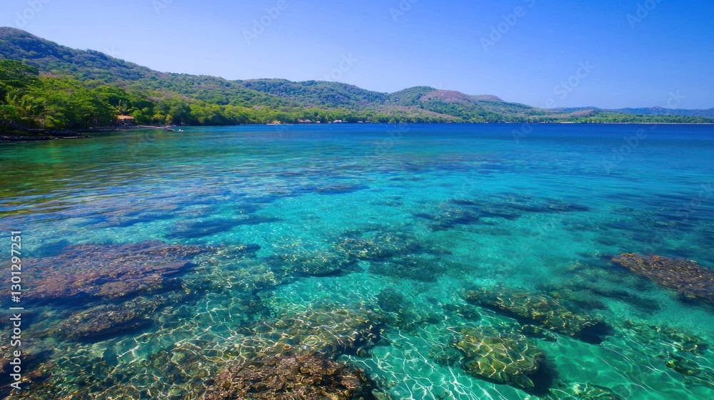 Naklejka premium Stunning Turquoise Bay: Crystal Clear Waters and Lush Green Hills