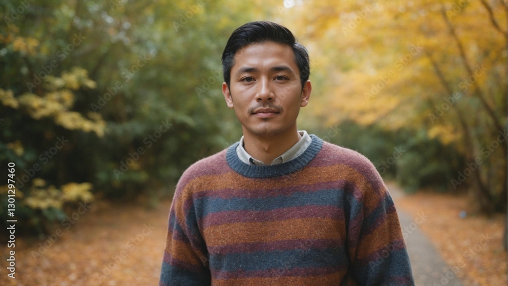 Southeast Asian Man on Autumn Trail with Vibrant Foliage, Cozy Sweater and Nature Connection Southeast Asian Man on Autumn Trail with Vibrant Foliage, Cozy Sweater and Nature Connection