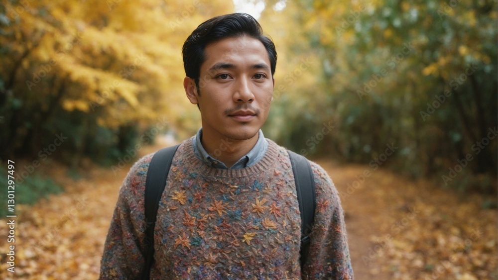 Southeast Asian Man on Autumn Trail with Vibrant Foliage, Cozy Sweater and Nature Connection Southeast Asian Man on Autumn Trail with Vibrant Foliage, Cozy Sweater and Nature Connection
