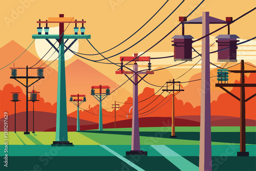 Power lines extend across a colorful landscape as the sun sets behind distant mountains, creating a serene view, Overhead power line concept,