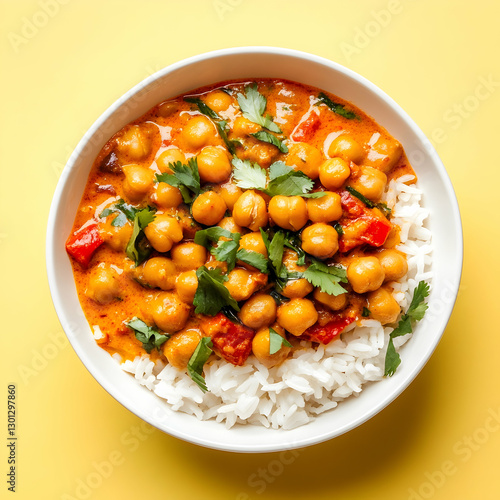 Colorful chickpea curry served over steamed rice with fresh herbs on a vibrant yellow background highlighting culinary delight