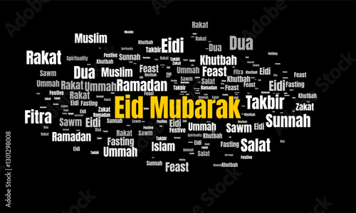 Creative word cloud with 'Eid Mubarak' prominently displayed surrounded by terms celebrating Islam. Perfect for festive or cultural representations.
