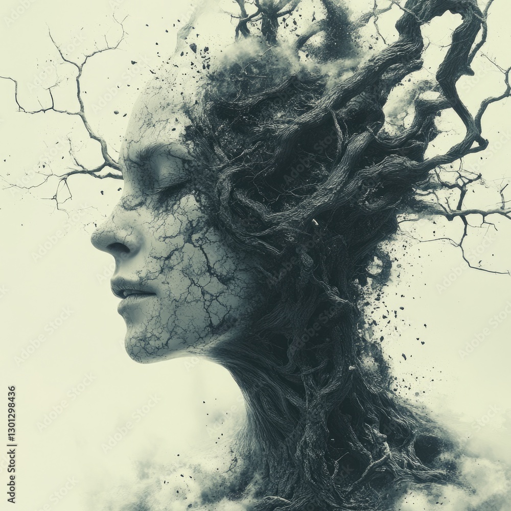 A surreal image of a woman with a tree growing out of her head A surreal image of a woman with a tree growing out of her head