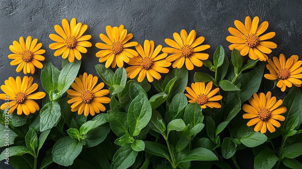Bright yellow summer flowers are arranged on a trendy gray background, creating a cheerful and vibrant border. Bright yellow summer flowers are arranged on a trendy gray background, creating a cheerful and vibrant border.