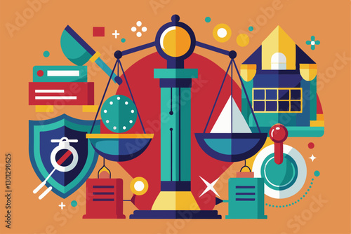 A colorful composition features a justice scale surrounded by legal icons and symbols, showcasing law themes, Oversight Customizable Semi Flat Illustration