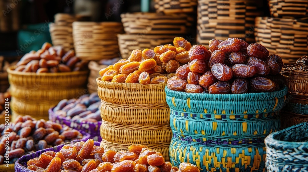 A wide and lively market stall filled with various kinds of fresh and dried dates displayed against a background of colorful woven baskets.