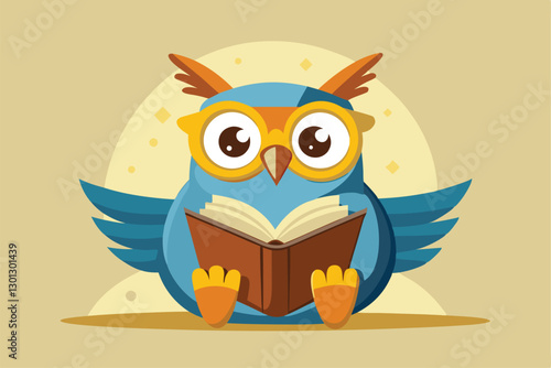 A cheerful owl with colorful feathers enjoys reading a book in a bright, cozy setting, Owl reading a book.