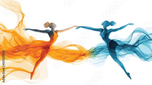 Two abstract female silhouettes in swirling orange and blue, capturing a graceful ballet-inspired dance with fluid lines and an ethereal sense of modern artistry.
