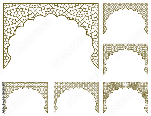 Set of six arches with traditional Arabic geometric ornaments 