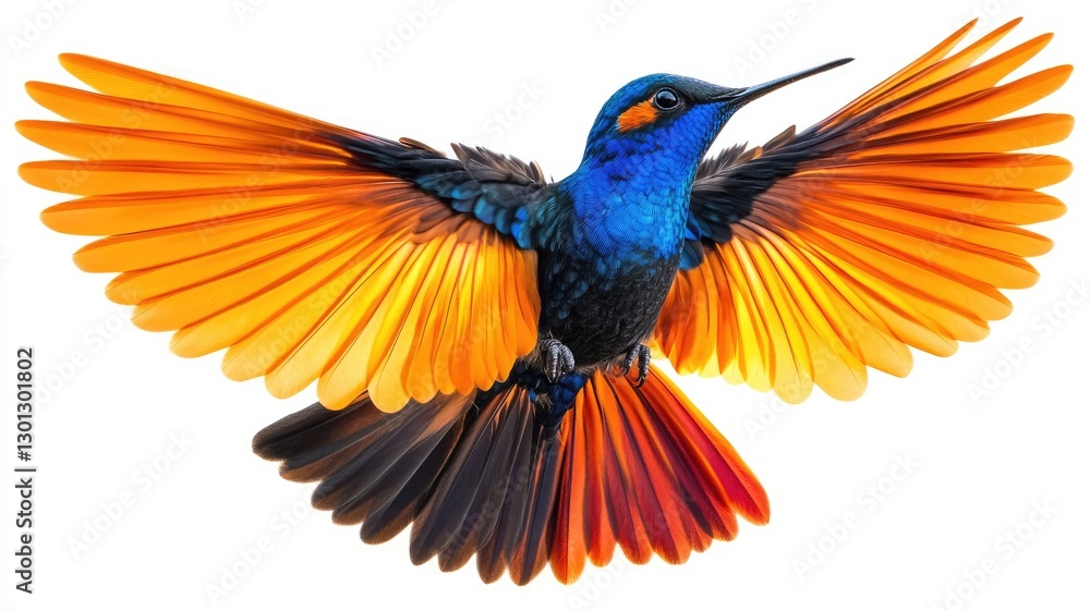 Obraz premium Vibrant Hummingbird in Flight with Outstretched Wings Against a White Background