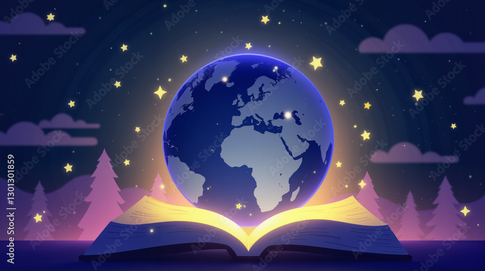 Fototapeta premium Glowing globe with turning pages under starry night, World Book Day