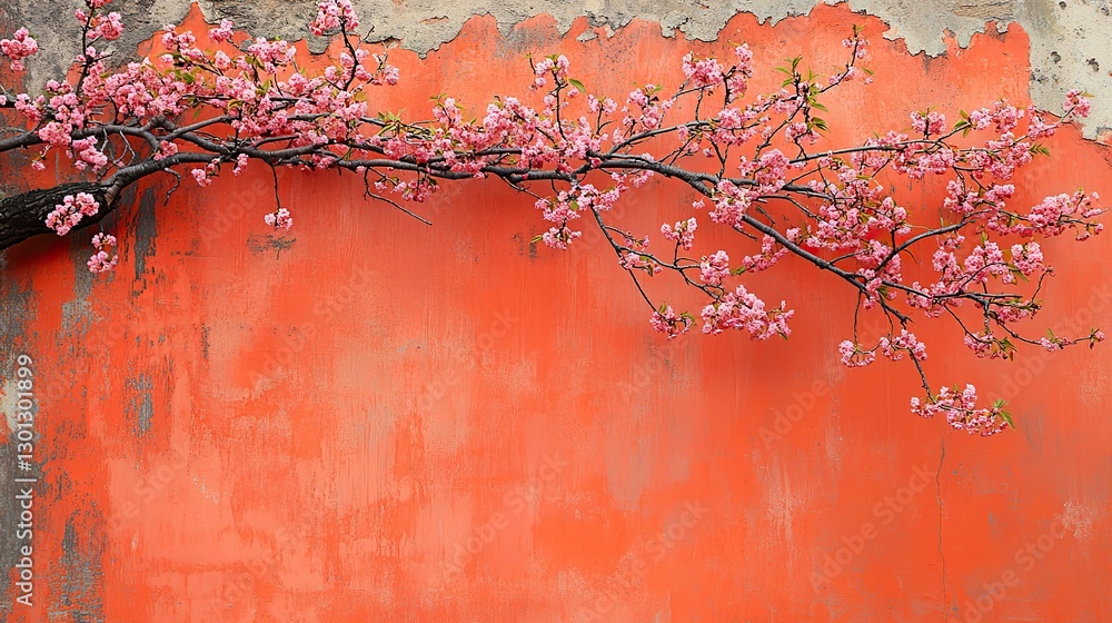 Fototapeta premium Cherry blossom shadows on an orange concrete wall create an abstract and trendy nature background.