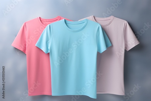 Wallpaper Mural 3 t shirt on a hanger. pink, blue and gray color t shirt on background.  Torontodigital.ca