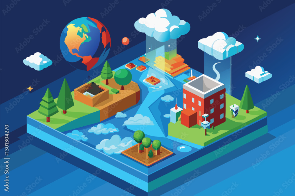 Fototapeta premium A detailed isometric representation showing the effects of ozone layer depletion on the environment, Ozone layer depletion Customizable Isometric Illustration