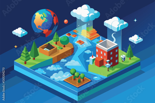 A detailed isometric representation showing the effects of ozone layer depletion on the environment, Ozone layer depletion Customizable Isometric Illustration