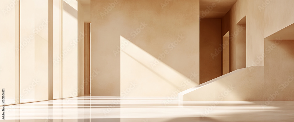 Obraz premium Minimalist interior with beige walls, soft lighting, and geometric elements, symbolizing tranquility, open space, and serenity, perfect for modern architecture and clean aesthetics.