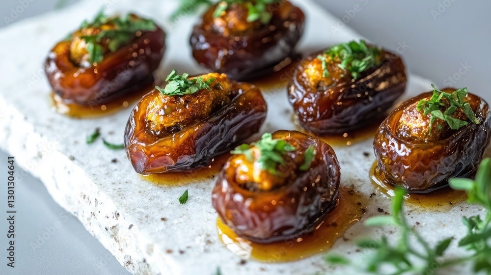 An artistic close-up shot of caramelized baked stuffed dates on a rustic slab of white stone An artistic close-up shot of caramelized baked stuffed dates on a rustic slab of white stone