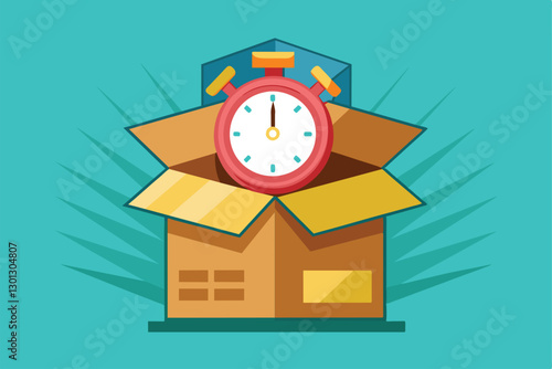 A cardboard box is being packed, highlighted by a clock indicating time constraints for the task, Packing a box with a wall clock