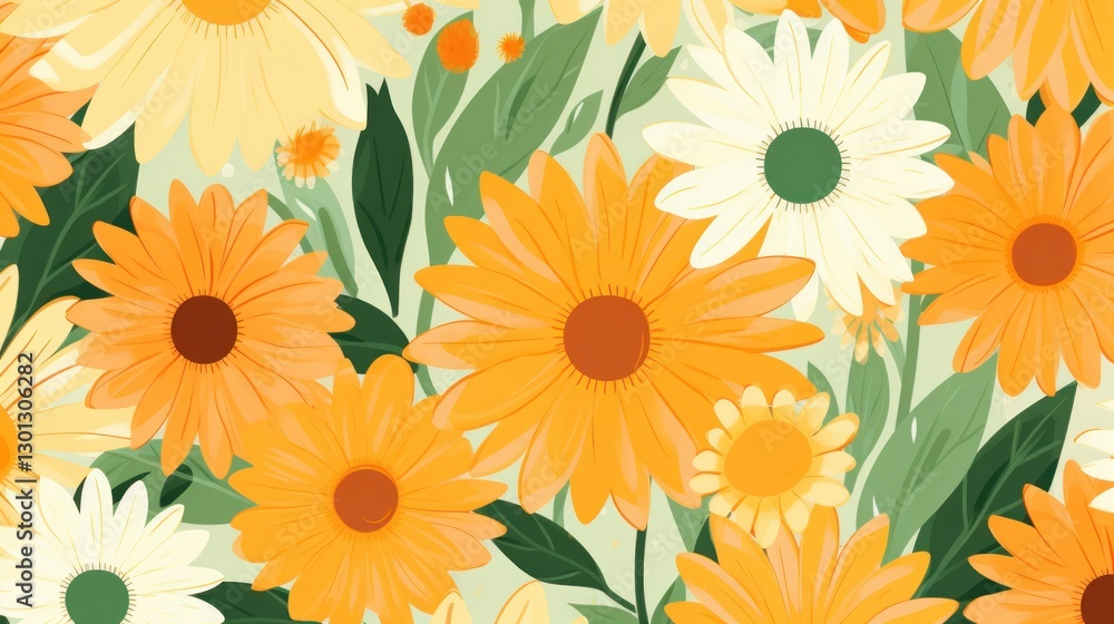 Obraz premium Cheerful daisies with leaves, creating a warm inviting spring meadow pattern