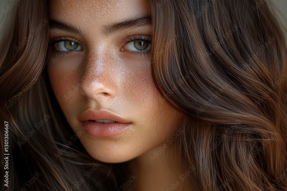 A close-up photo of a woman's face featuring freckles, suitable for use in portraits or beauty-related contexts A close-up photo of a woman's face featuring freckles, suitable for use in portraits or beauty-related contexts
