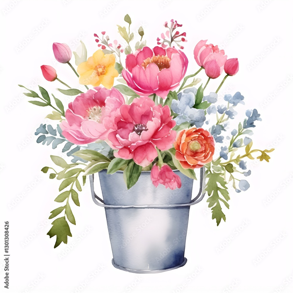 Fototapeta premium Bouquet of watercolor flowers in the vase. A colorful fresh flowers in a vase on a white background of watercolor. 