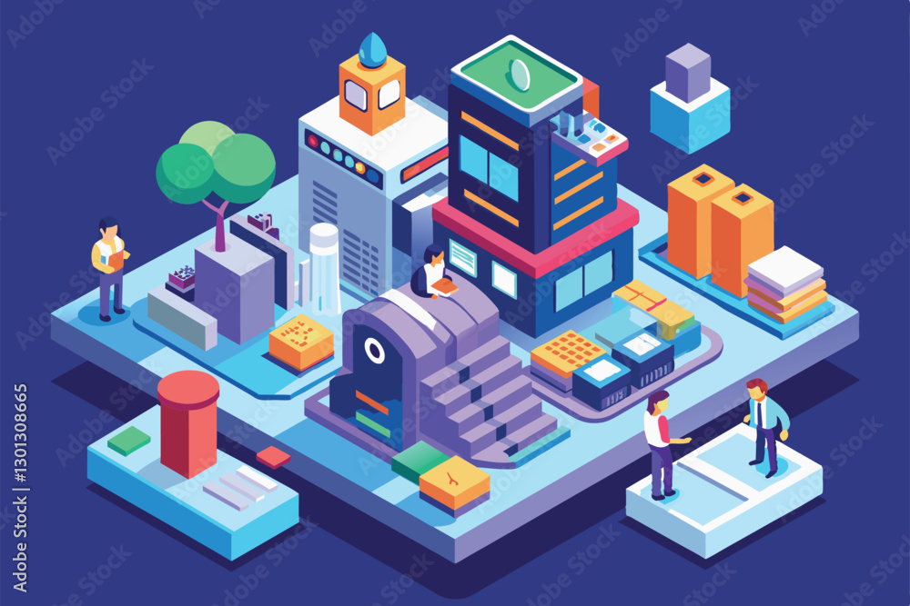 This colorful illustration shows people engaging in various activities in an urban setting with buildings and trees, Paid idea Customizable Isometric Illustration This colorful illustration shows people engaging in various activities in an urban setting with buildings and trees, Paid idea Customizable Isometric Illustration