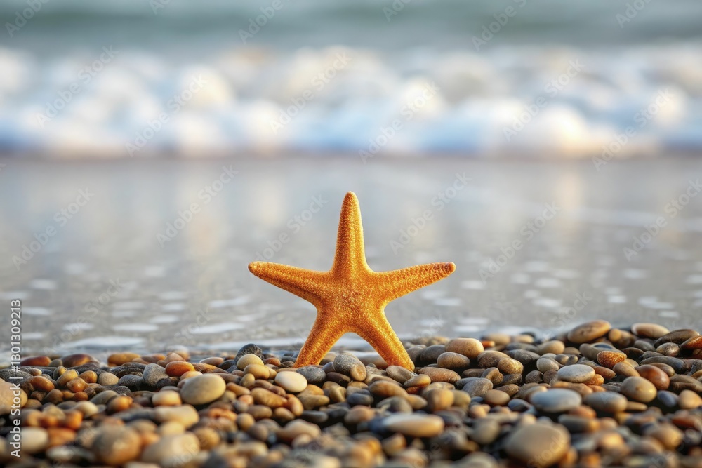 A single starfish resting on smooth pebbles by the shore, with the gentle tide receding in the background. A single starfish resting on smooth pebbles by the shore, with the gentle tide receding in the background.