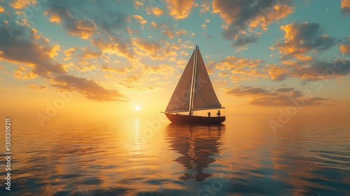 A sailboat sails on a calm sea at sunset with a bright orange sky, clouds, and a reflection of the boat in the water.