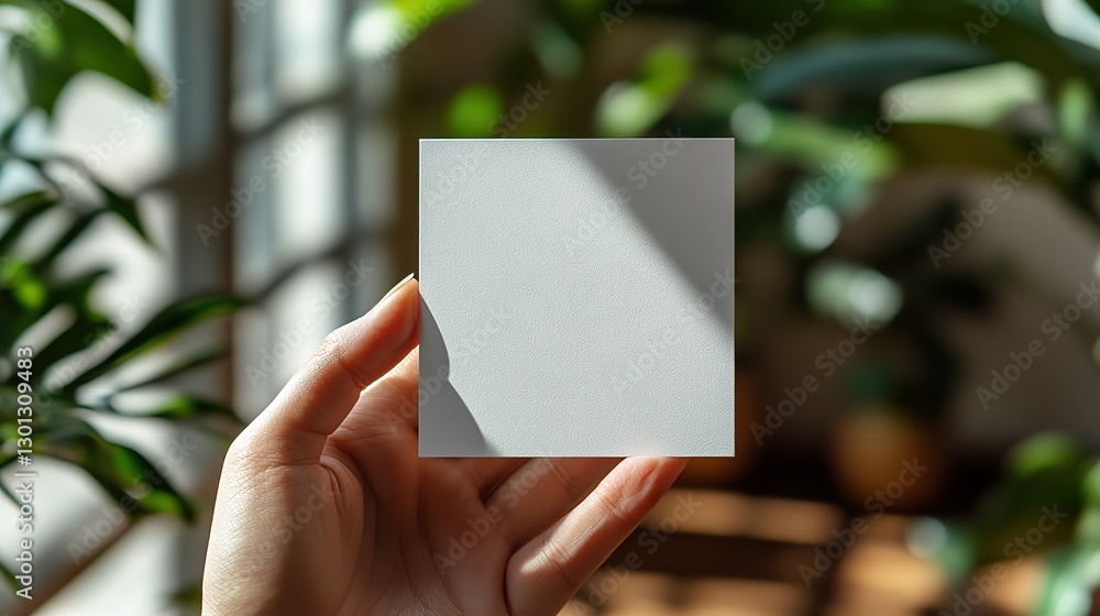 Close up of empty white square business card mockup lying diagonally with renaissance hands shadows on neutral light grey concrete background. Flat lay, top view, open composition. Close up of empty white square business card mockup lying diagonally with renaissance hands shadows on neutral light grey concrete background. Flat lay, top view, open composition.
