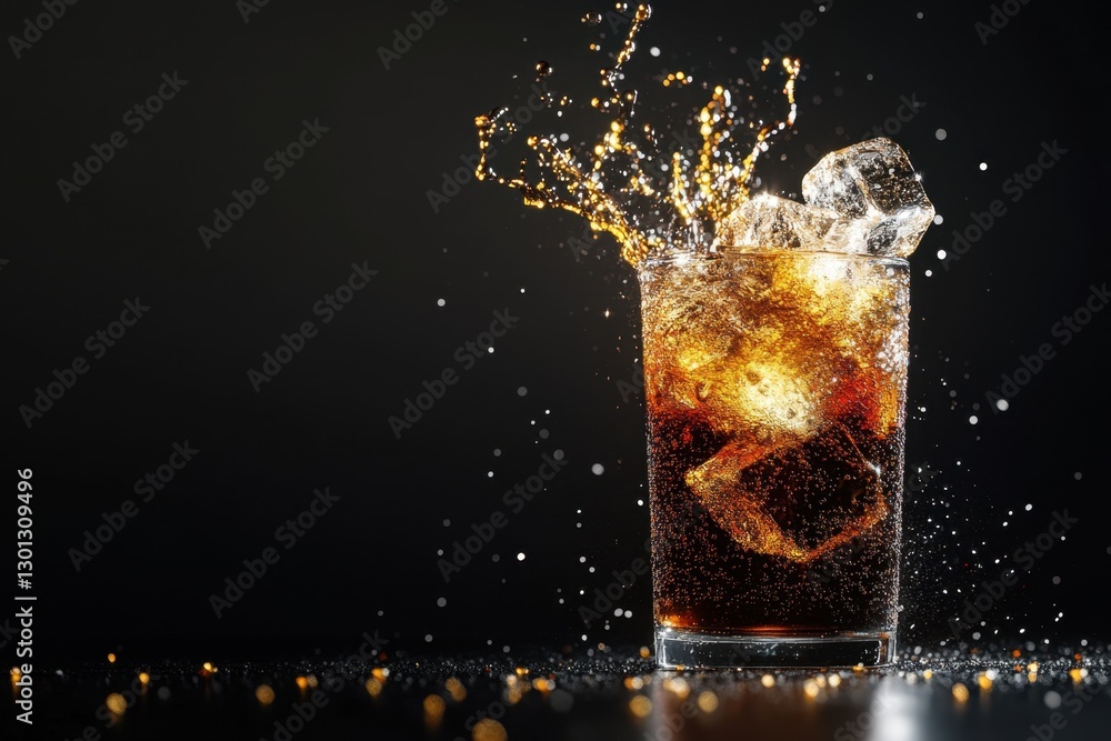 Refreshing brown beverage with ice cubes creates a dynamic splash against a black background Refreshing brown beverage with ice cubes creates a dynamic splash against a black background